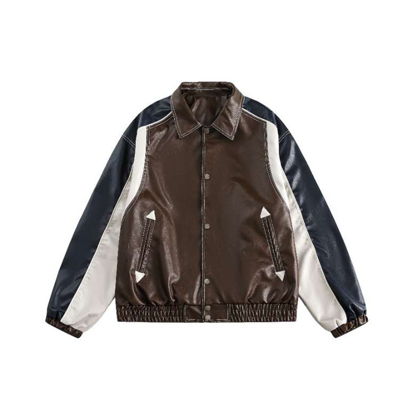 Colorblock Leather Outdoor Jacket