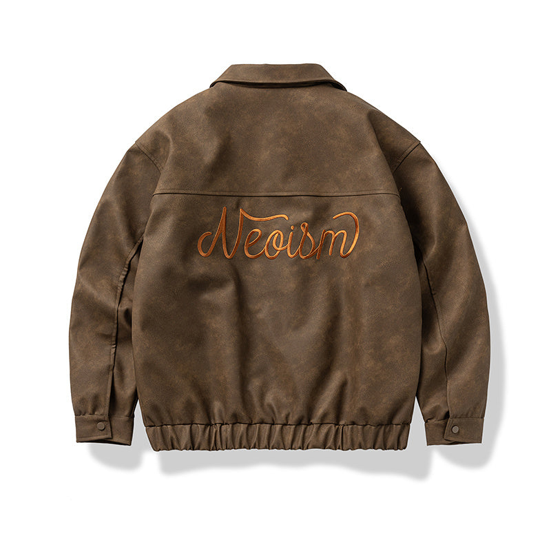 Lettering Embroidered Outdoor Leather Jacket